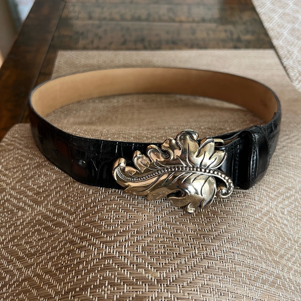 Black Croc-Embossed Leather Belt with Decorative Silver leaf